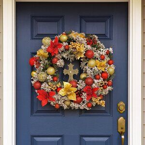 Red and Gold Snow Covered Wreath with Lights